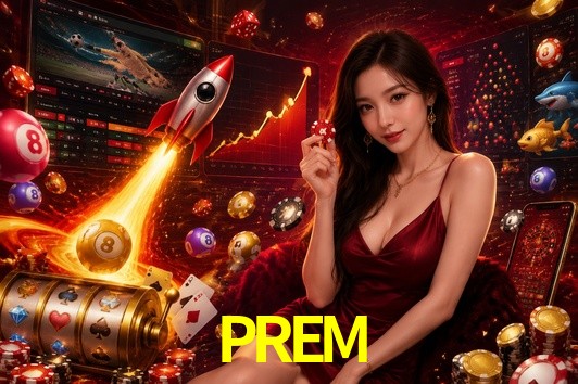 Una escena digital vívida inspirada en casino con PREM mostrado prominentemente, luces brillantes, fichas, cartas y acentos dorados.