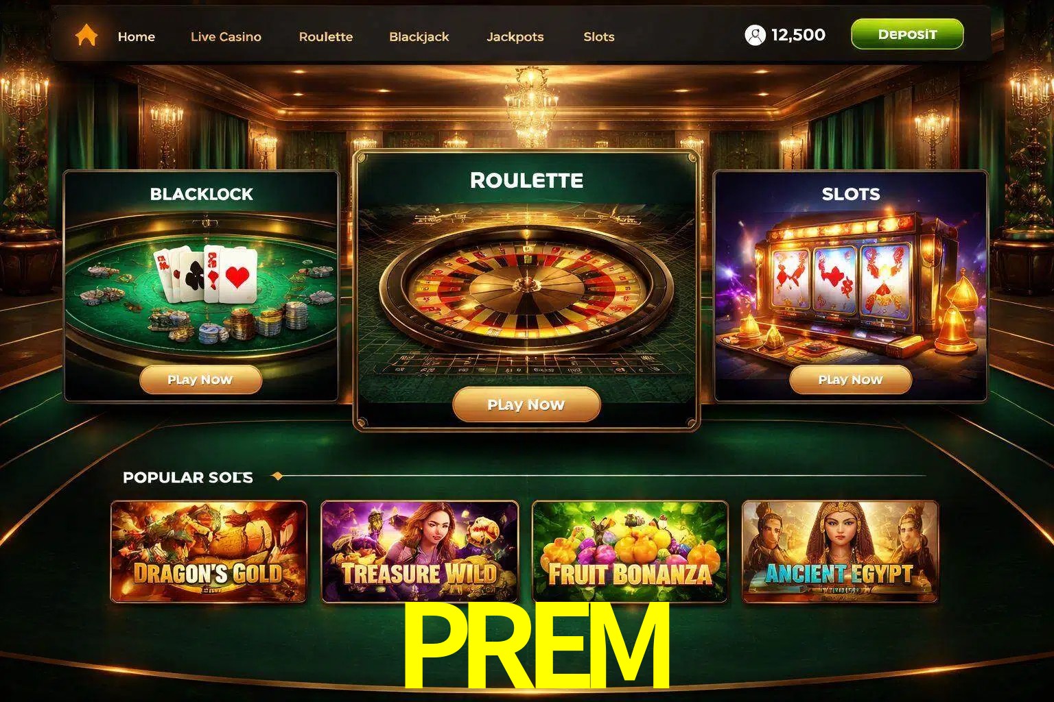 Vista de la plataforma PREM Casino mostrando categorías organizadas de juegos en línea
